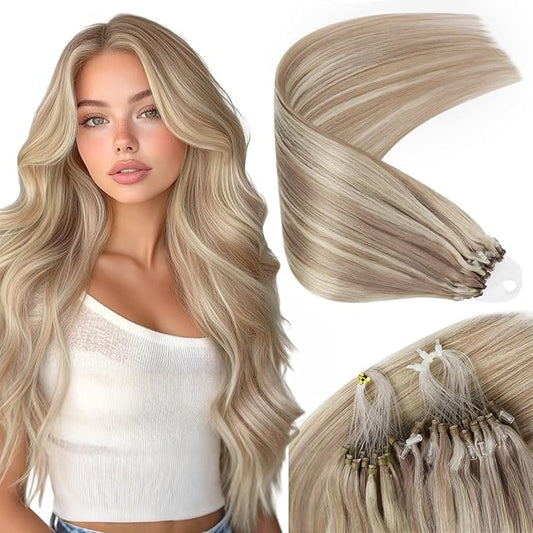 Sunny Hair Micro Bead Hair Extensions Straight Micro Hair Extensions Human Hair Ash Blonde Highlight Bleach Blonde Micro Link Hair Extensions Human Hair 16inch 50g