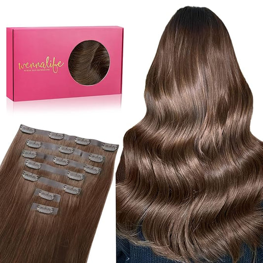 WENNALIFE Seamless Clip In Hair Extensions Human Hair, 24 Inch 160g 7pcs Chocolate Brown Hair Extensions Clip in Human Hair Invisible PU Skin Weft Natural Remy Human Hair Extensions