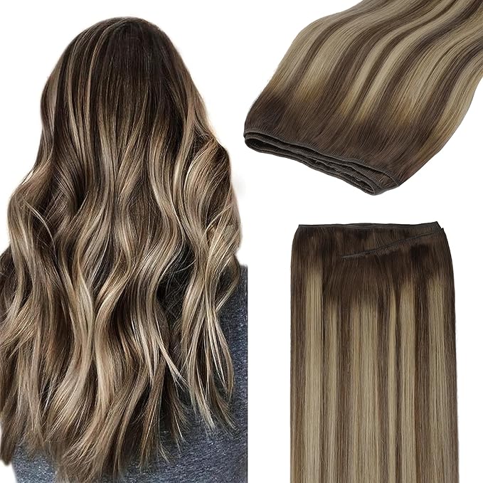 GOO GOO Sew in Hair Extensions Real Human Hair, Weft Hair Extensions Human Hair, 4/26/4 Balayage Chocolate Brown to Honey Blonde 22inch 110g, Weft Bundles Straight Silky Remy Hair