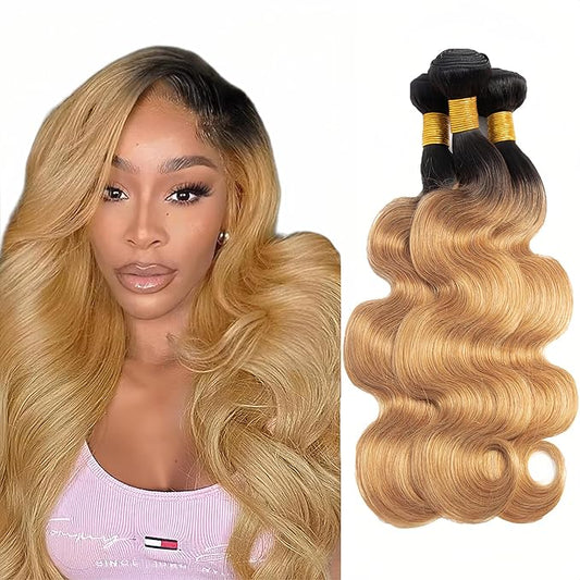 Ombre Human Hair Bundles 1B27 Body Wave Bundle Niegmeag Virgin Remy Hair 3 Bundles 12 14 16 Inch Double Weft 2 Tone Black and Honey Blonde Body Wave Bundle