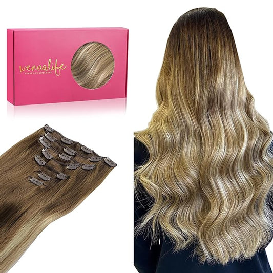 WENNALIFE Clip in Hair Extensions Real Human Hair, 16 Inch 120g 7pcs Ombre Walnut Brown to Ash Brown and Bleach Blonde Clip in Human Hair Remy Clip in Hair Extensions Real Human Hair Double Weft