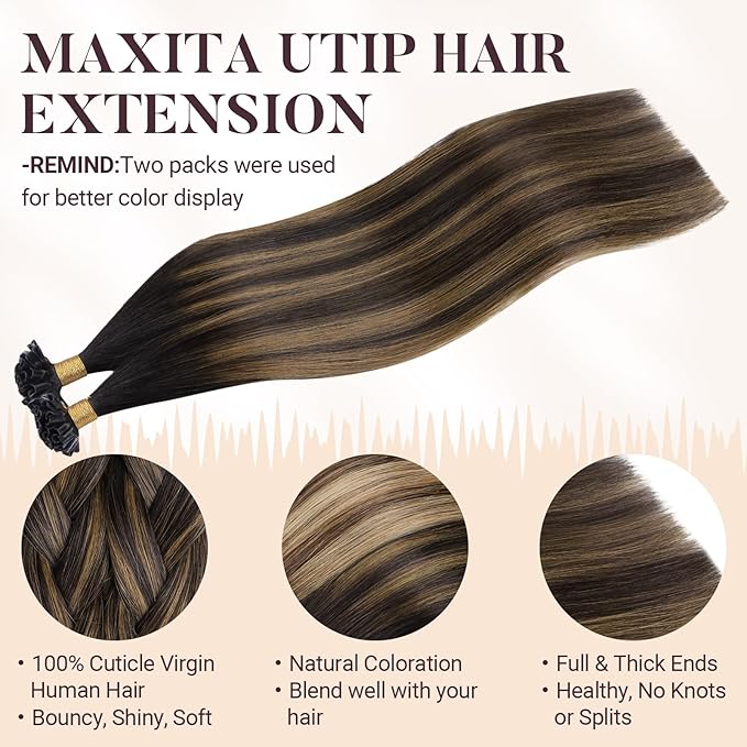 MAXITA U Tip Hair Extensions Human Hair, Balayage Dark Brown Mixed Chestnut Brown Virgin Human Hair Extensions Real Human Hair, 50g/50 Strands/Pack, 23 In