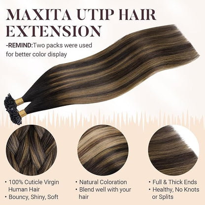 MAXITA U Tip Hair Extensions Human Hair, Balayage Dark Brown Mixed Chestnut Brown Virgin Human Hair Extensions Real Human Hair, 50g/50 Strands/Pack, 23 In