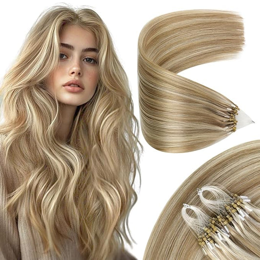 Sunny Hair Microlink Hair Extensions Human Hair 22inch Bead Hair Extensions Dark Ash Blonde Highlights Light Blonde Micro Hair Vibrant Highlights 50g