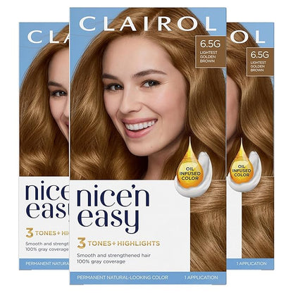 Clairol Nice'n Easy Permanent Hair Dye, 6.5G Lightest Golden Brown Hair Color, Pack of 3