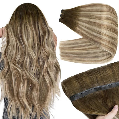 Full Shine Butterfly Weft Hair Extensions Human Hair 24 Inch Invisible Double Side Pu Hole Weft And Genius Weft Extensions Color Dark Brown To Light Brown And Blonde Bundles 100G