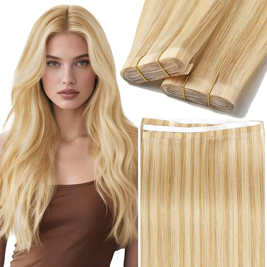 Lacer Blonde Tape in Hair Extensions Human Hair 18 Inch Invisible Tape Weft Hair Extensions Golden Blonde Highlight Platinum Blonde 50 Grams Human Hair One Piece