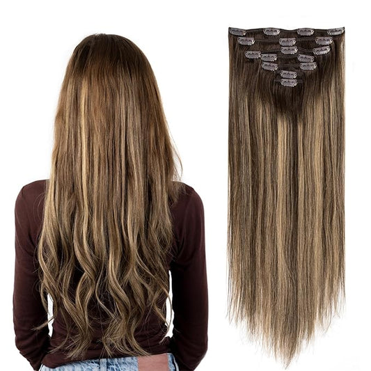 Clip in Hair Extensions Real Human Hair, Invisible Clip In Hair Extensions 100% Human Hair, Balayage Chocolate Brown to Caramel Blonde #4TP27/4 18Inch 120G 7PCS