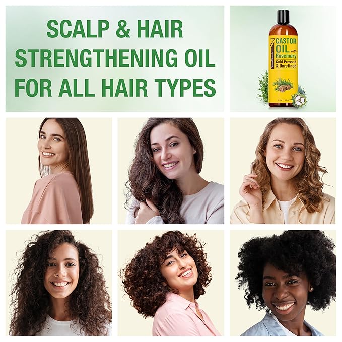 Seven Minerals Cold Pressed Castor Oil with Rosemary - 16 fl oz Bottle - Unrefined & Hexane Free - Hair Growth, Thicker Eyelashes & Eyebrows, Dry Skin Care, Joint and Muscle Pain (Pack of 1)