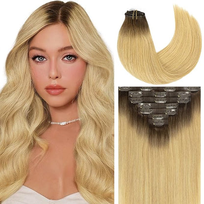 Caliee 16Inch Balayage Clip in Hair Extensions Real Human Hair R4/18 Ash Blonde With Medium Brown Roots 7Pcs PU Clip in Human Hair Extensions 110G Silky Soft Natural Remy Hair for Women