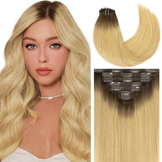 Caliee 16Inch Balayage Clip in Hair Extensions Real Human Hair R4/18 Ash Blonde With Medium Brown Roots 7Pcs PU Clip in Human Hair Extensions 110G Silky Soft Natural Remy Hair for Women
