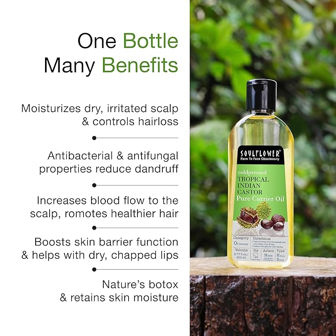 Soulflower Organic Castor Oil, For Thicker & Voluminous Hair, Eyebrows & Eyelashes, 100% Pure, Natural, Cold Pressed, Organic Certified - 6.77 Fl Oz