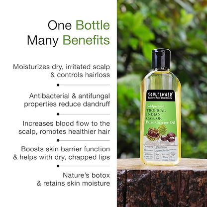Soulflower Organic Castor Oil, For Thicker & Voluminous Hair, Eyebrows & Eyelashes, 100% Pure, Natural, Cold Pressed, Organic Certified - 6.77 Fl Oz