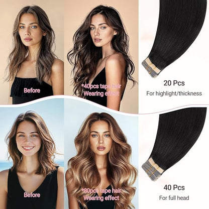 MAXITA Tape in Hair Extensions 1B Natural Black 24 Inch 100g 40pcs Thick Ends Remy Human Hair Seamless Straight Invisible Tape in Extensions