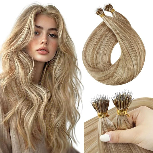 Sunny Hair Nano Hair Extensions Human Hair Blonde Nano Ring Hair Extensions Light Blonde with Platinum Nano Tip Hair Extensions Real Human Hair for Long Hair 50G 22Inch