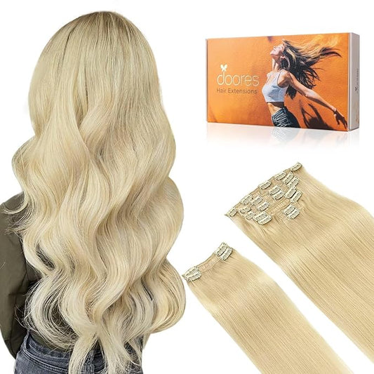 DOORES Clip in Hair Extensions Real Human Hair, Bleach Blonde 150g 9pcs 18 Inch, Remy Clip in Hair Extensions Natural Hair Extensions Human Hair Extensions Clip ins Straight Thick Hair Extensions