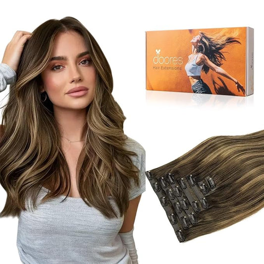 DOORES Invisible Edge Clip in Hair Extensions, Chocolate Brown to Caramel Blonde, 150g 7pcs 22 Inch Virgin Straight Human Hair Silky Weft