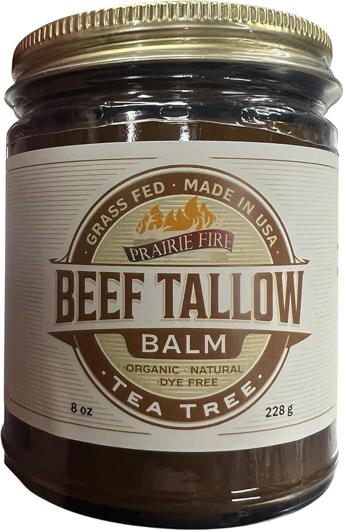 Beef Tallow Balm - 8 oz - Made in USA - Organic Grass Fed and Finished - Moisturizing Skin Care Tea Tree