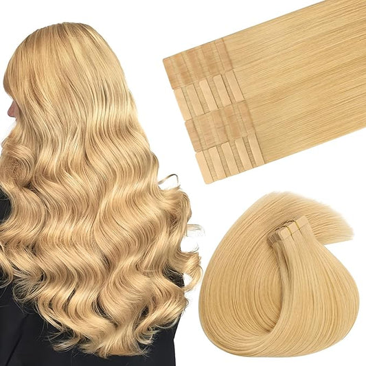 MAXITA Human Hair Tape in Extensions, Tape in Hair Extensions Real Human Hair Light Blonde 16 Inch 20pcs 50g Real Skin Weft Straight Natural Human Hair Extensions