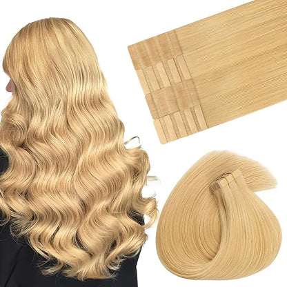MAXITA Human Hair Tape in Extensions, Tape in Hair Extensions Real Human Hair Light Blonde 14 Inch 20pcs 50g Real Skin Weft Straight Natural Human Hair Extensions