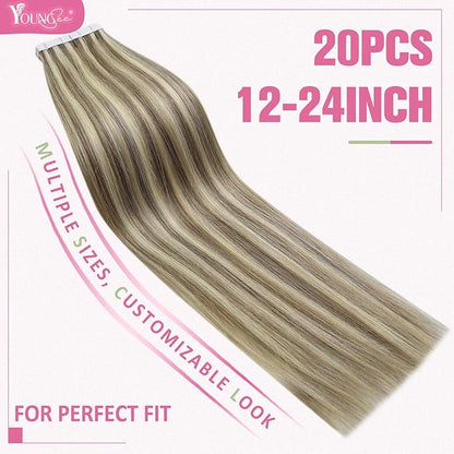 YoungSee Tape in Extensions Human Hair Highlight Brown Tape Hair Extensions Real Human Hair Light Brown Highlight Blonde Tapein Hair Extensions Real Human Hair Remy Silky Straight 16 Inch 20pcs 50g