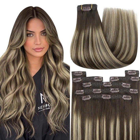 YoungSee Clip in Hair Extensions Human Hair Brown Balayage Clip on Hair Extensions Chocolate Brown with Ash Blonde Balayage Real Human Hair Extensions Clip ins for Natural Look 120G 7Pcs 16Inch