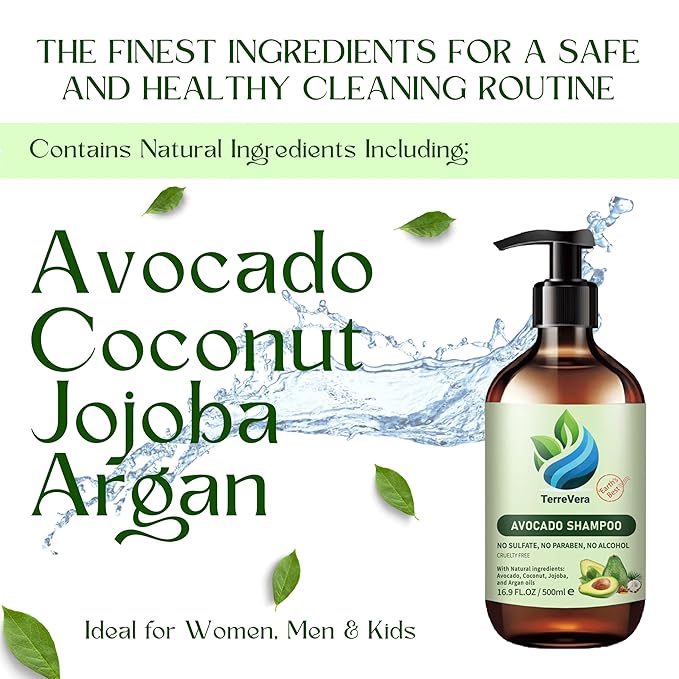 TerreVera Avocado Shampoo - Salon Quality Hydrating Formula - Sulfate & Paraben Free - Ideal for Strengthening, Dry or Color-Treated Hair – Natural Avocado, Argan, Coconut & Jojoba Oils – 16.9 fl oz