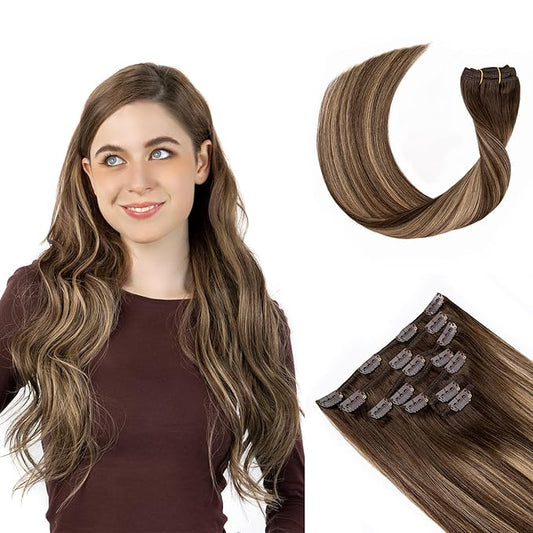 Clip in Hair Extensions Real Human Hair, Invisible Clip In Hair Extensions 100% Human Hair, Balayage Chocolate Brown to Caramel Blonde #4TP27/4 20Inch 120G 7PCS
