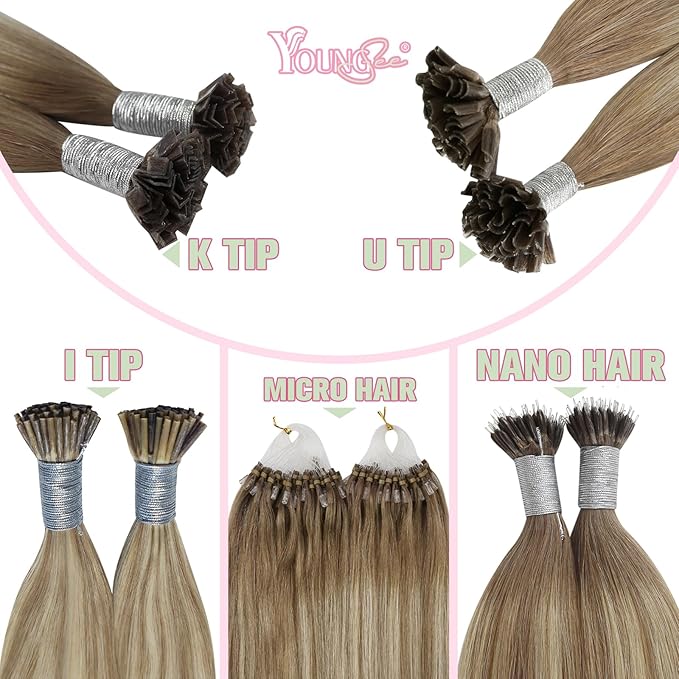 YoungSee K Tip Hair Extensions Ombre Pre Bonded Hair Extensions Light Brown Ombre Blonde Ktip Remy Hair Extensions Balayage K Tips Human Hair Extensions for Women 20in Human Hair K Tip 50s/50g