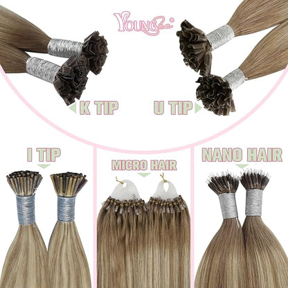YoungSee K Tip Hair Extensions Ombre Pre Bonded Hair Extensions Light Brown Ombre Blonde Ktip Remy Hair Extensions Balayage K Tips Human Hair Extensions for Women 20in Human Hair K Tip 50s/50g