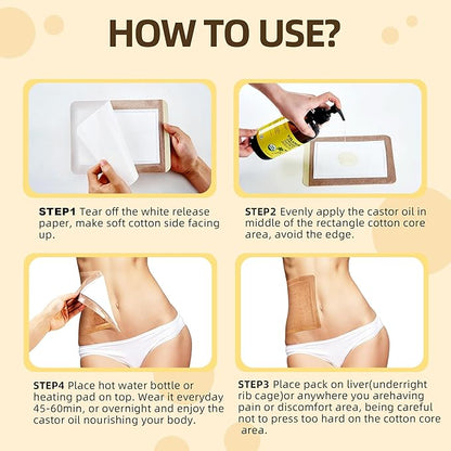 50Pcs Castor Oil Pack Wrap with 16oz castor oil Organic Cold Pressed Unrefined Glass Bottle,Disposable Castor Oil Patches for Belly Button,Stomach,Knee,Feet,Entire Body