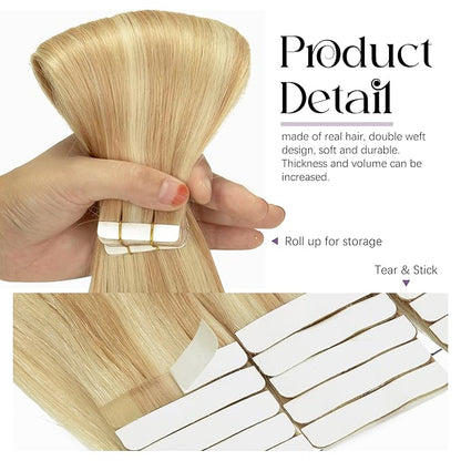Lacer Tape in Hair Extensions Human Hair 16 Inch Dark Ash Blonde Mixed Platinum Blonde Invisible Tape in Hair Extensions Seamless Silky Straight 20 Pcs 50 Grams