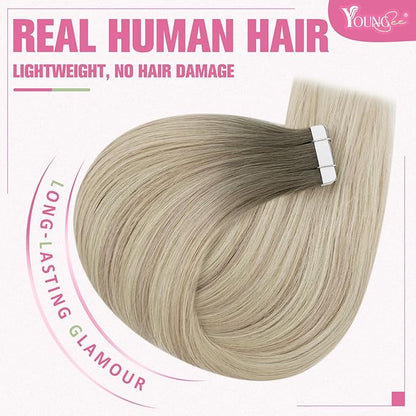 YoungSee Tape on Hair Extensions Balayage Ash Blonde Ombre Platinum Blonde Tape in Hair Extensions Real Human Hair Balayage Tape Real Hair Extensions Balayage Tape in Hair Extensions 18In 50g 20pcs