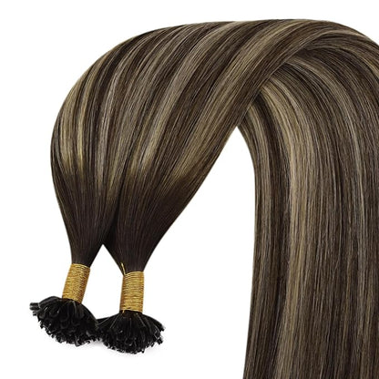 YoungSee Ombre Utip Hair Extensions Balayage Brown Ombre Blonde U Tip Extensions Ombre Utip Remy Human Hair Extensions Brown K Tip Hair Extensions Real Human Hair for Women 18In 50s/50g Silky Straight