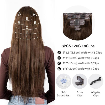 Clip in Hair Extensions Real Human Hair Chocolate Brown Seamless Clip In 100% Straight Remy Hair Extensions PU Skin Weft Add Volume for Women #4A 20Inch 120G 8PCS