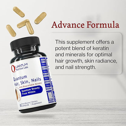 Quantum Nutrition Labs Hair Skin and Nails - Keratin Supplement, Hair Growth Supplement for Women & Men with Magnesium, Calcium, Beauty from Within for Hair, Skin and Nails - 60 Vegetarian Capsules