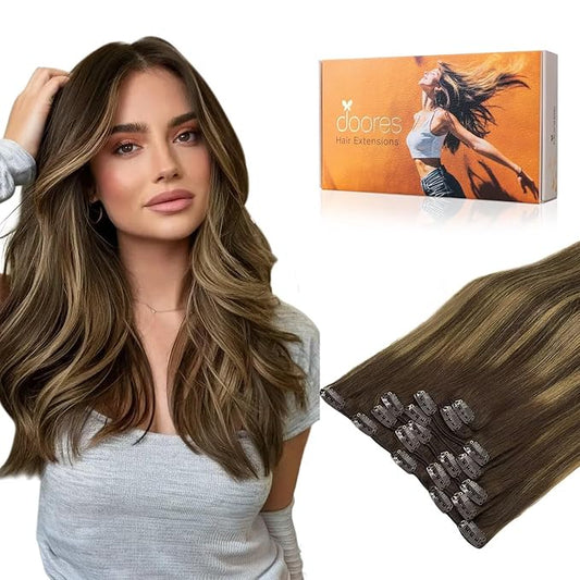 DOORES Clip in Human Hair Extensions, Balayage Chocolate Brown to Caramel Blonde 120g 7pcs 14 Inch, Straight Real Hair Extensions Clip in Remy Natural