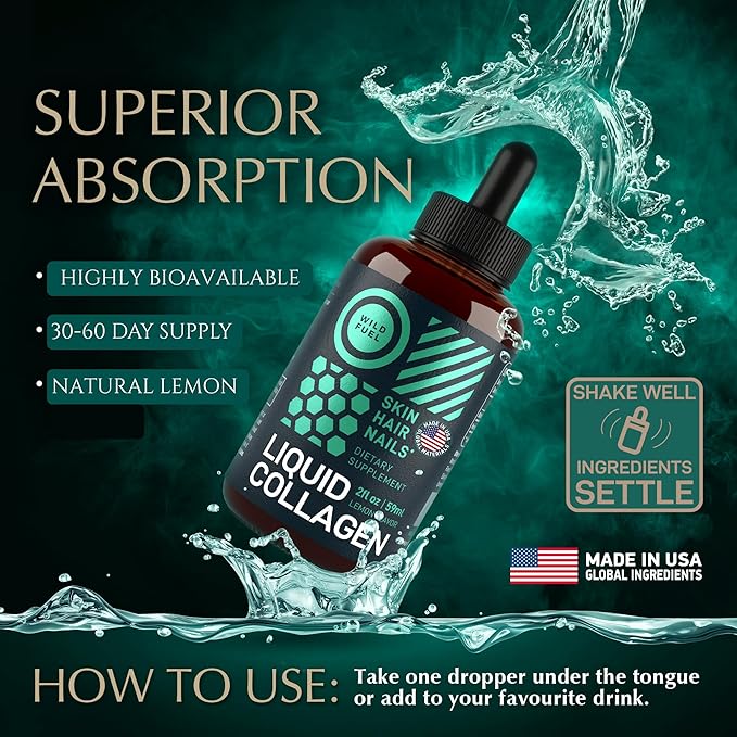 WILD FUEL Liquid Collagen Peptides with Biotin Vitamins for Hair Skin and Nails - 10,000mcg Liquid Collagen for Women and Men 5,000mcg Biotin - Lemon Flavor, up to 2-Month - 2 oz