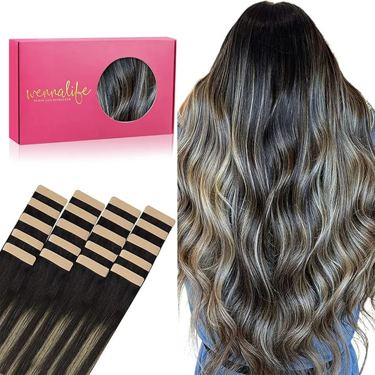 WENNALIFE Tape in Hair Extensions Human Hair, 20pcs 40g 12 inch Balayage Natural Black to Light Blonde Remy Hair Extensions Straight Human Hair Tape in Extensions Skin Weft Tape Extensions Human Hair