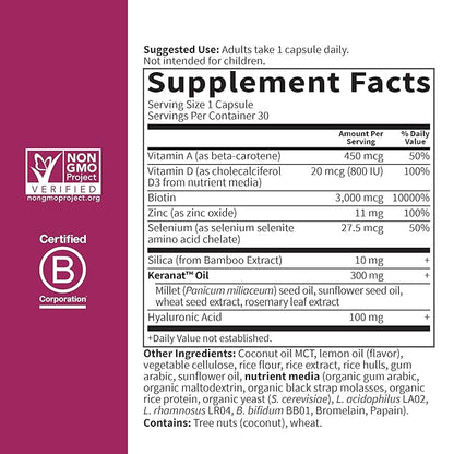 Garden of Life Hair Growth Duo Caps, Supplement for Thicker, Healthier Hair with Hyaluronic Acid, Biotin, Silica, and Patented Keranat, 30 Plant-Based Capsules