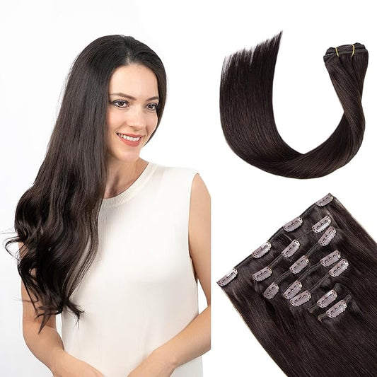 Clip in Hair Extensions Real Human Hair, Remy Human Hair Clip in Extensions for Long Hair, Dark Brown Straight Hair Extensions Add Volum add Length #2 20Inch 120G 7PCS