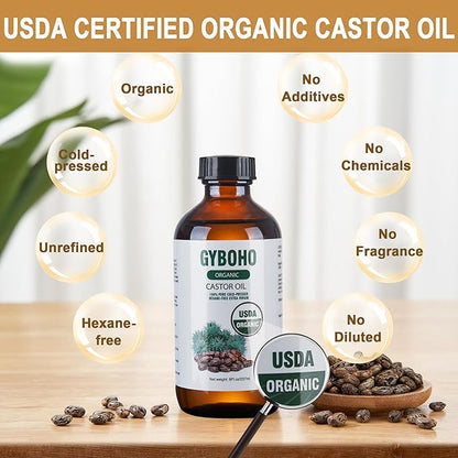 Castor Oil Organic Cold Pressed Unrefined Glass Bottle,Castor Oil Pack Wrap Organic Cotton for Stomach-Neck-Abdomen -Knee-Arm-Liver Detox.organic castor oil for Hair Growth -Face-Lashes & Eyebrows