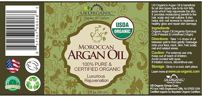 US Organic Moroccan Argan Oil, USDA Certified Organic,100% Pure & Natural, Cold Pressed Virgin, Unrefined, 2 Oz in Amber Glass Bottle, for Hair treatment, Skin, Nail, Cuticle, Sourced from Morocco.