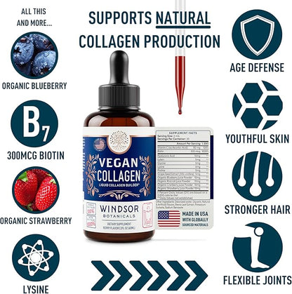 Vegan Collagen Builder Liquid Supplement - Collagen Booster with Vitamin C, Biotin, Hyaluronic Acid & Amino Acids - Organic Fruit & Vegetable Blend - 120ml, 60 Day