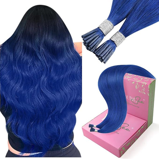 YoungSee Blue I Tips Hair Extensions 25g Blue I Tip Extensions 16 Inch Colorful Hair Extension I Tip 40s Blue Human Hair Extensions I Tip for Women Tip Human Hair Extensions for Prom