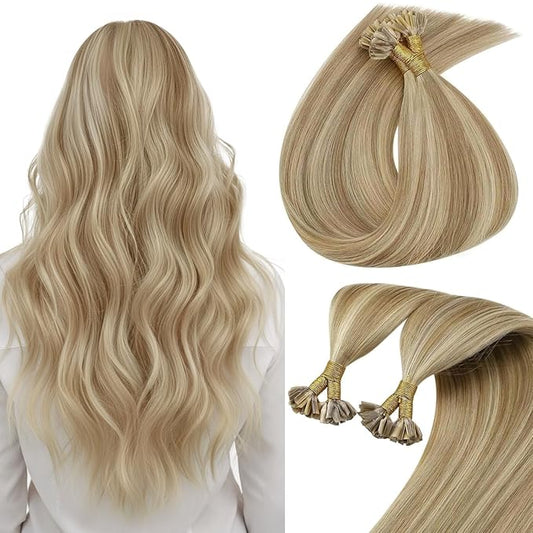 Sunny Golden Blonde U Tip Hair Extensions 18in U Tip Hair Extensions Human Hair Ash Blonde Highlights Light Blonde Utip Human Hair Extensions Hot Fusion Ktip Human Hair Extensions Soft Silky 50g/s