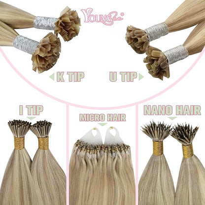 YoungSee K Tip Hair Extensions Human Hair Blonde Highlight Ktip Human Hair Extensions Golden Blonde Highlight 16inch 50s/50g