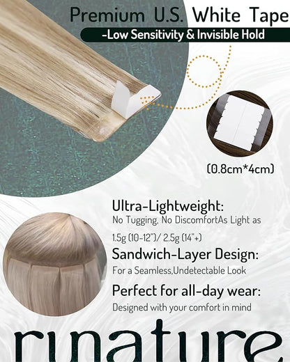RUNATURE 22 Inch Tape in Hair Extensions Human Hair Ash Brown Highlight Platinum Blonde Hair Extensions Tape in Invisible Straight Tape Ins Human Hair Extensions Blonde Silky Double Sided 50g 20pcs