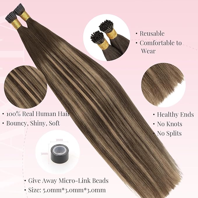 MAXITA I Tip Hair Extensions, 50g/50s, Chocolate Brown to Caramel Blonde 18 Inch Comfortable Wear, Invisible & Natural Cold Fusion, 100% Remy Human Hair Itip Keratin Extensions
