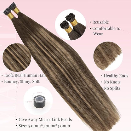 MAXITA I Tip Hair Extensions, 50g/50s, Chocolate Brown to Caramel Blonde 18 Inch Comfortable Wear, Invisible & Natural Cold Fusion, 100% Remy Human Hair Itip Keratin Extensions